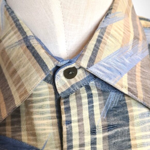 Jhane Barnes XXL Button-Down Shirt – 100% Cotton – Blue/Tan Plaid – Lightweight - Picture 9 of 10